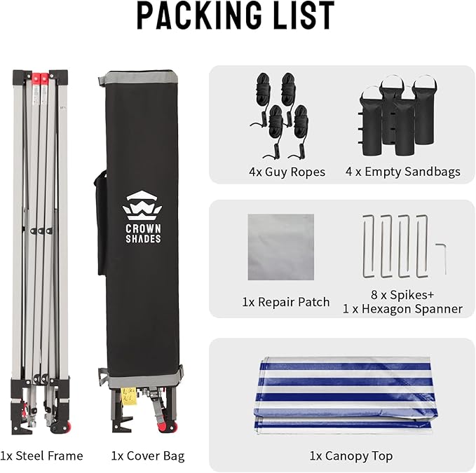 Crown Shades 10x10 Pop Up Canopy - Beach Tent with One Push Setup - Outdoor Sun Shade for Events, Parties, Camping - STO-N-Go Cover Bag, Silver Coated Top, 3 Height& 4 Sand Bags, Navy Blue Stripes