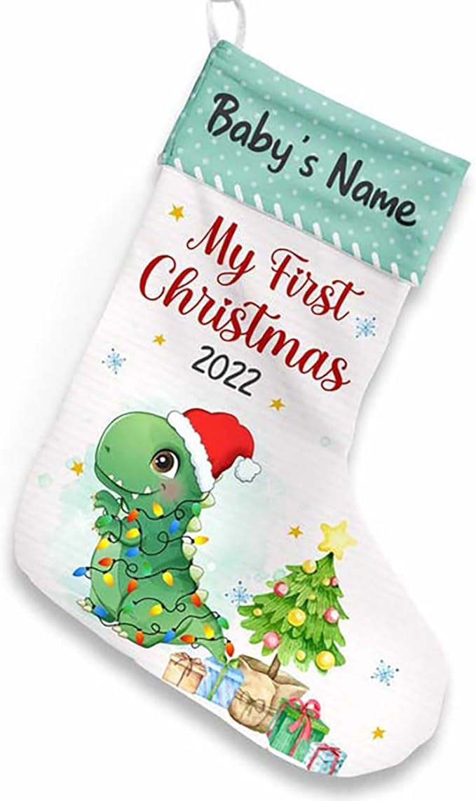 LOVELYPOD Christmas Stockings Personalized with Name, 19" Christmas Stocking Baby Boy Girl First Christmas Dinosaur Stocking 2023, Xmas Stocking Holiday Christmas Decoration Gifts for Family Kids