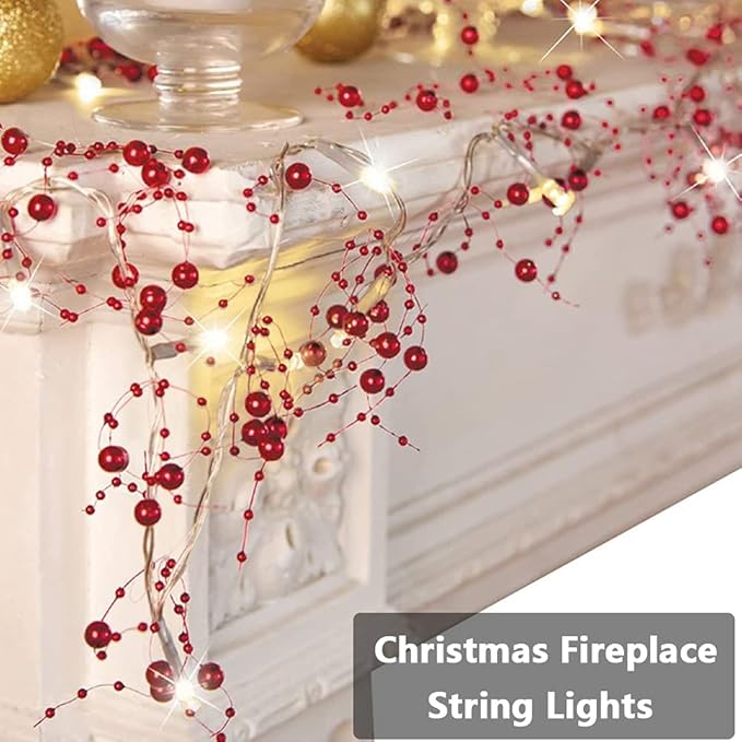 OVV Christmas Decorations 13FT Pearl Garland String Lights 40LED Festive Lighted Berry Beaded Indoor Xmas Decor Warm Lights for Bedroom Mantel Wedding Party Battery Operated (Red)