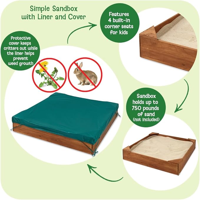 Badger Basket Wooden Sandbox for Kids - Outdoor Sand Box with Bench, Cover & Liner - Durable Backyard Playset for Toddlers (46.5 x 46.5 x 8.75)