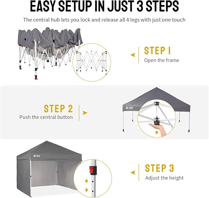 CROWN SHADES 10X10 Comercial Instant Canopy Pop Up Tent with Center Lock (10x10 with 4 Sidewalls, Grey)