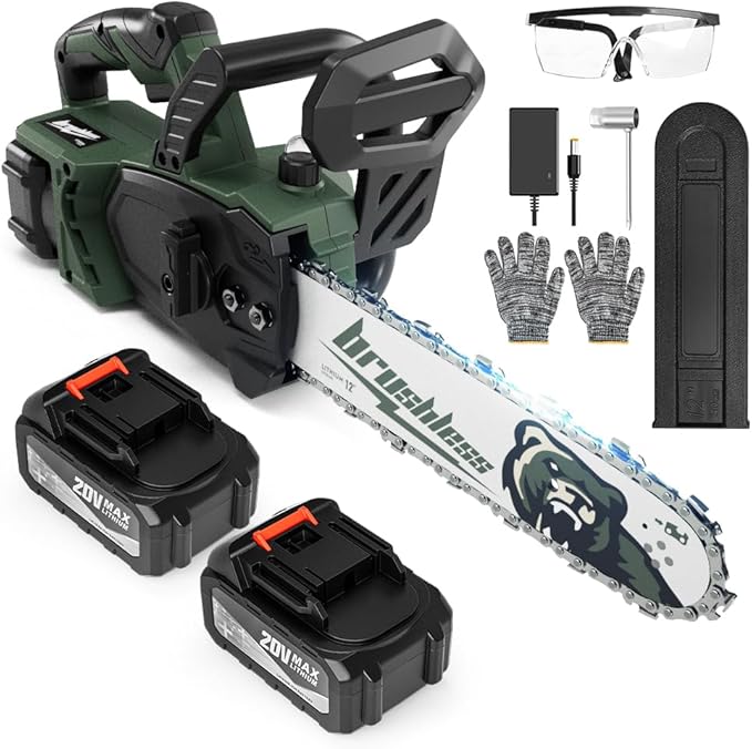 20V 12" Brushless Chainsaw, Electric Chainsaw Cordless, Portable Chain Saw Handheld Chain Saw Pruning Shears Chainsaws for Wood Cutting, Tree Felling, Limbing(4.0Ah Battery & Charger)