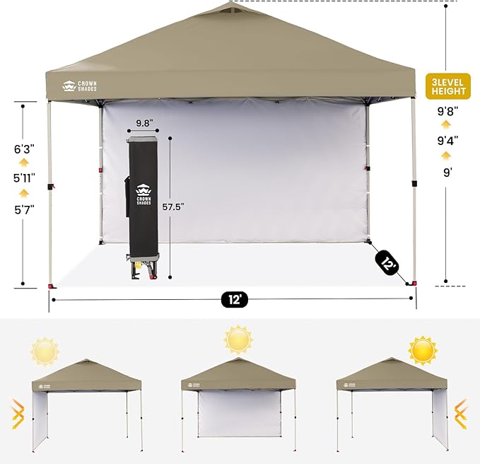 CROWN SHADES 12x12 Pop Up Canopy Tent Instant Commercial with 150D Silver Coated Fabric Including 1 Removable Sidewall, 4 Ropes, 8 Stakes, Weight Bags, STO 'N Go Bag, Beige