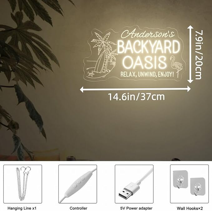 Personalized Backyard Oasis Outdoor Neon Sign - Custom Color Decor for Yard & Party, Dimmable USB - Powered LED Sign