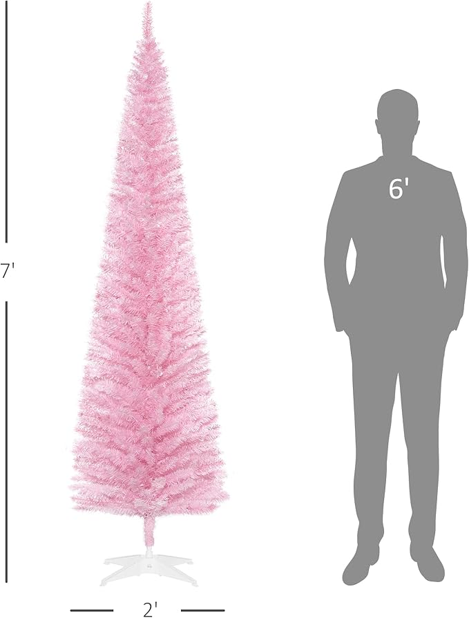 HOMCOM 7' Artificial Pencil Christmas Tree, Slim Xmas Tree with 499 Realistic Branch Tips and Plastic Stand, Pink