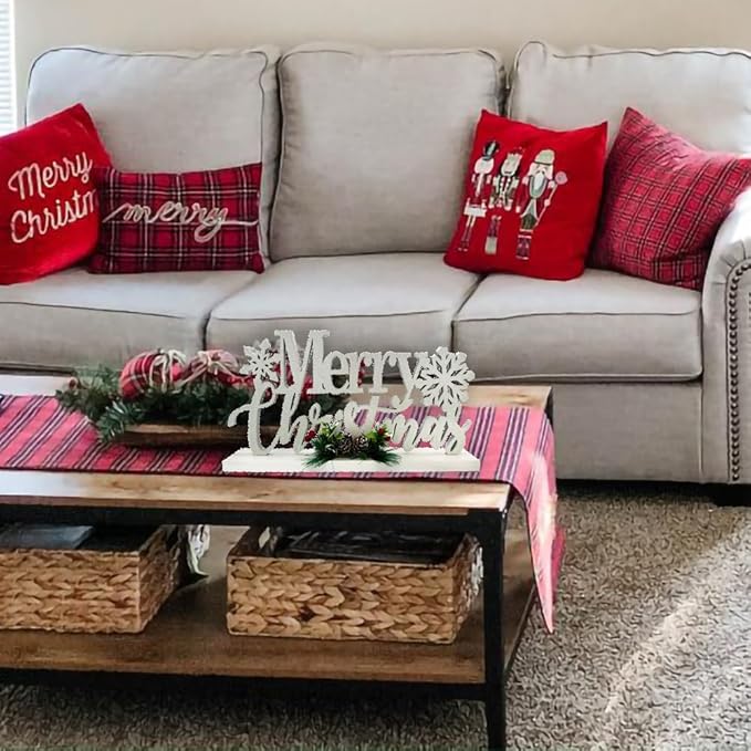 Christmas Decorations Merry Christmas Decor Snowflake Silver Shining Sign Farmhouse Wooden Winter Rustic Decor Vintage Holiday Block Tabletop for Home Kitchen Xmas