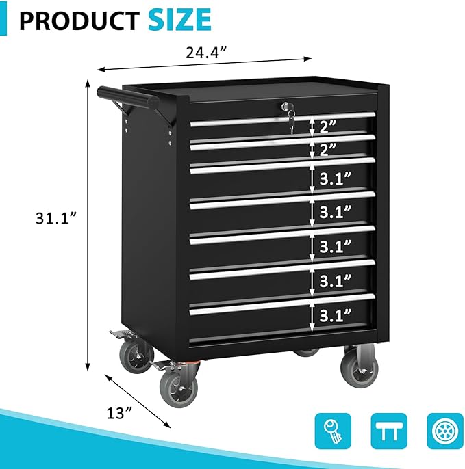 7 Drawer Rolling Tool Chest with Wheels, Portable Tool Cart with Drawers, Storage Cabinet for Garage, Warehouse and Repair Shop (Black)