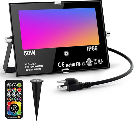 Outdoor LED Flood Light RGB Color Changing 500W Equivalent 2700k WarmWhite 5000LM Spotlight(Remote Control, 120 Colors Strobe, Dimmable,24H Timer, US 3-Plug)