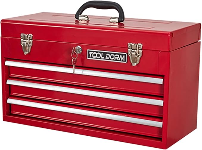 20.3¡° Metal Tool Box with Drawer Portable Steel Tool Box with Protective Liner and Latch Closure and Lock for Garage, Home and Warehouse (Red-3 Drawers)