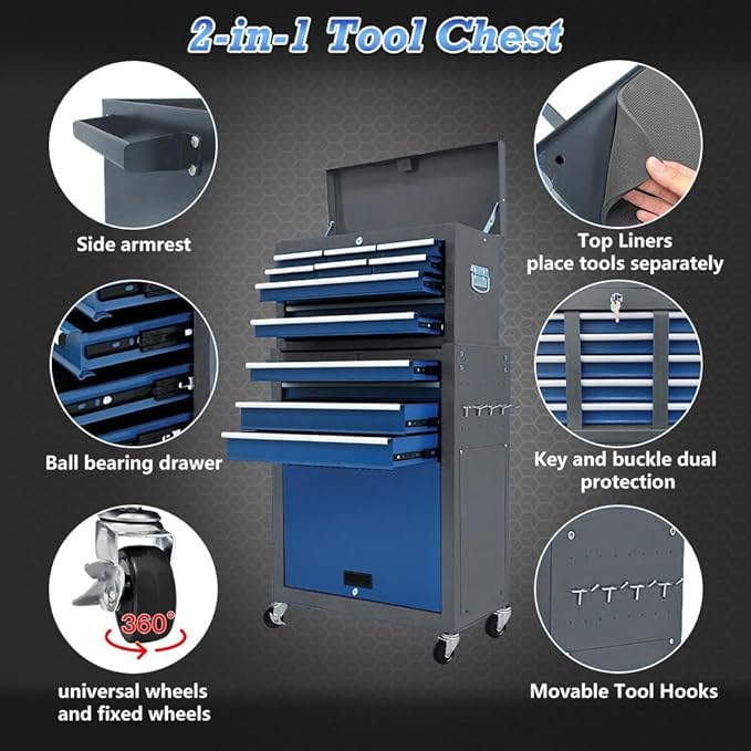 13-Drawer Rolling Tool Chest,Toolbox with Wheels,Tool Cabinets with Drawers, Top Detachable Tool Box with Hooks Handles for Workshop Mechanical Garage (blue£¦grey)