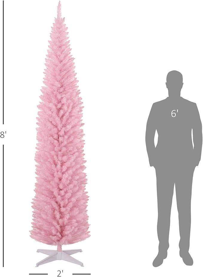 HOMCOM 8' Artificial Pencil Christmas Tree, Slim Xmas Tree with 618 Realistic Branch Tips and Plastic Stand, Pink