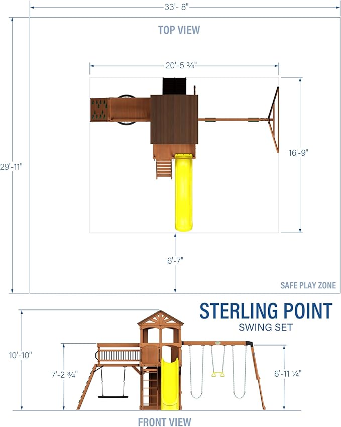 Backyard Discovery Sterling Point Cedar Wood Swing Set with Wave Slide, Raised Clubhouse, Wooden Bridge, Rock Wall, Belt Swings, Web Swing, Trapeze, Balcony, Climbing Wall, Ladder, Outdoor Playset
