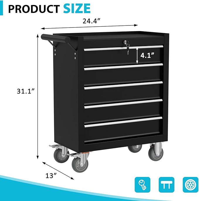 5 Drawers Rolling Tool Chest, Portable Storage Tool Box with Wheels, Tool Chest with Lock for Warehouse, Garage, Repair Shop and Tool Room (Black)