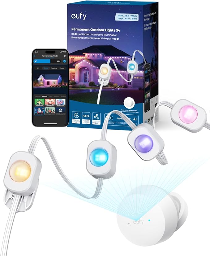 eufy Permanent Outdoor Lights S4, 3D Radar-Activated, 150ft with 108 LED Lights, Smart RGBWW for Halloween and Christmas Decorations, AI Light Themes, Music Mode, Matter Support, IP67 Waterproof