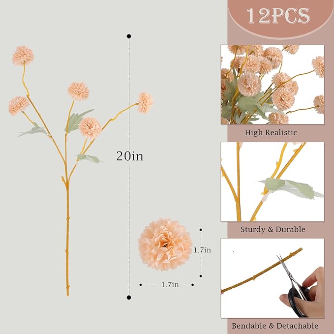 Hananona 12 Pcs Artificial Chrysanthemum Flowers, Beige Kiku Pom Pom Mums Flower Fall Faux Floral Arrangements Centerpiece for Autumn Home Kitchen Decor (12, Beige)