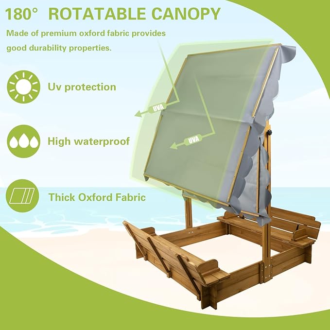 PetsCosset Wooden Sandbox with Lid, Kids Sandbox with Cover Outdoor, with 2 Foldable Bench Seats for Backyard (47x47in), UV-Resistant & Adjustable Height Roof, Gift for Ages 2-8