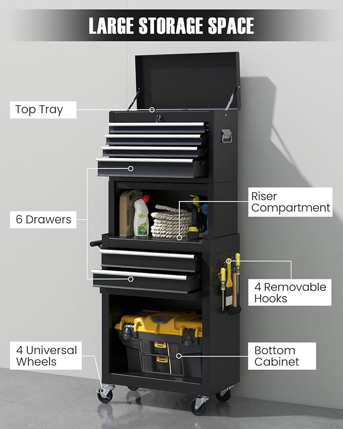 ARNOT 2-in-1 Rolling Tool Chest with 5 Drawers, Heavy-Duty Metal Tool Box with Wheels, Detachable Top Tool Box & Rolling Tool Cabinet for Garage, DIY (6-Drawers Whith Middle Box, Black)