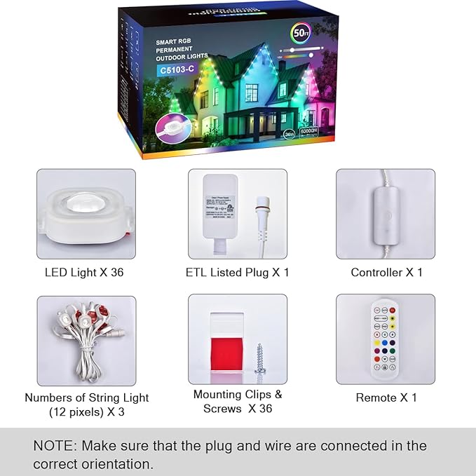 wowlite Permanent Christmas Smart RGB Outdoor Lights, 50FT Color Changing, Exterior Waterproof LED Eaves Lights for House Trim, Game Day Daily Lighting