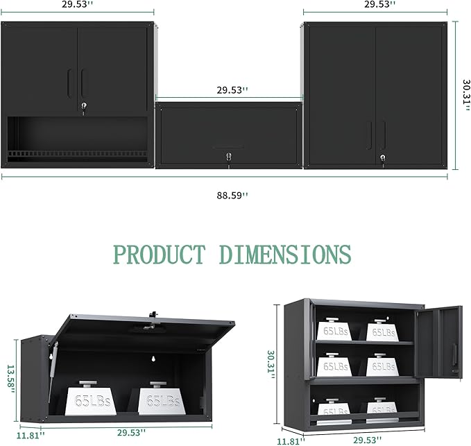 Metal Tool Cabinet,Garage Storage Cabinet System,Wall Cabinet & Locking Rolling Tool Cabinet with Doors and Adjustable Shelves,Steel Tool Cabinets for Home (2 Pcs-StyleA, Black)