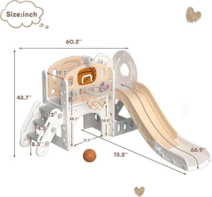 XJD 8 in 1 Toddler Slide Set, Kids Slide for Toddlers Age 1+, Toddler Climber Slide PlaySet with Basketball Hoop and Ball,Outdoor Indoor Playground for Toddlers 1-3 (Beige Coffee, 8 in 1)