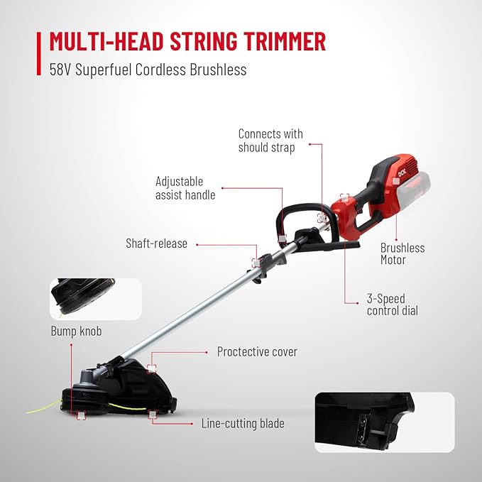 Powerful String Trimmer & Edger - 15-Inch Telescopic Carbon Fiber Straight Shaft Cordless Weed Wacker with Wrench and Shoulder Strap (Tool Only)