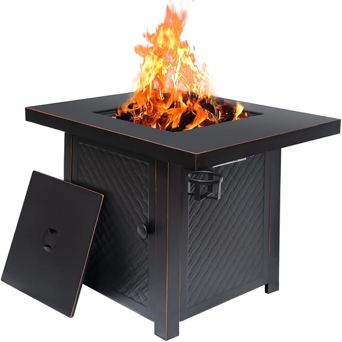 32'' Propane Fire Pit,50000 BTU Gas Firepit Table with 2 Drink Holders, Lid & Lava Rock,Outdoor Fire Pit Table for Dining or Party,Propane Firepits for Outside,Patio,Yard