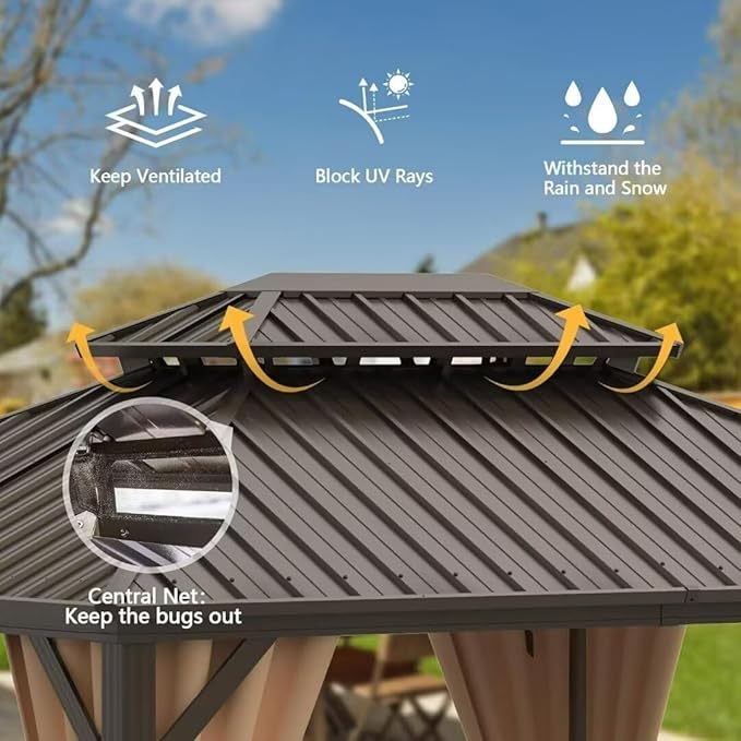 Domi 10'x12' Hardtop Gazebo Canopy,Outdoor Metal Gazebo with Galvanized Steel Double Roof,Curtain and Netting,Permanent Pavilion for Patio Deck,Backyard
