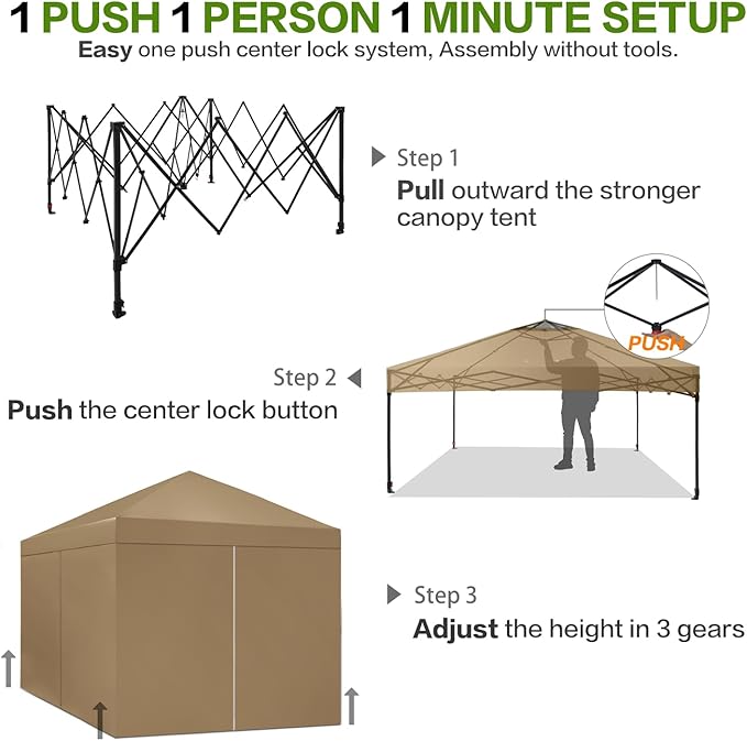 10X10 Comercial Pop Up Canopy Tent with 4 Sidewalls and 6 Pockets, One Push Setup Center Lock, for Beach Patio Outdoor, Case, 8 Stakes, 4 Ropes, 4 Sandbags (Dun Khaki)