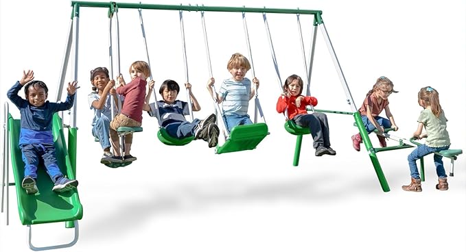 Sportspower Park Ridge Metal Swing Set for Kids Ages 3-8 – 2 Swings, Standing Swing, Roman Glider, Teeter Totter, 5ft Slide, 6.1' Durable Steel Frame, Anchor Kit, 800 lbs Capacity