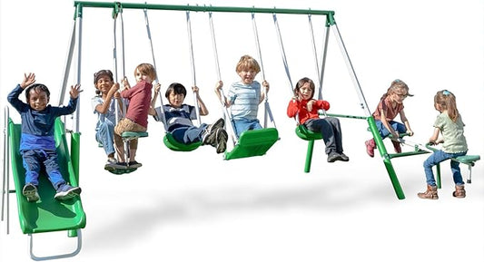 Sportspower Park Ridge Metal Swing Set for Kids Ages 3-8 – 2 Swings, Standing Swing, Roman Glider, Teeter Totter, 5ft Slide, 6.1' Durable Steel Frame, Anchor Kit, 800 lbs Capacity