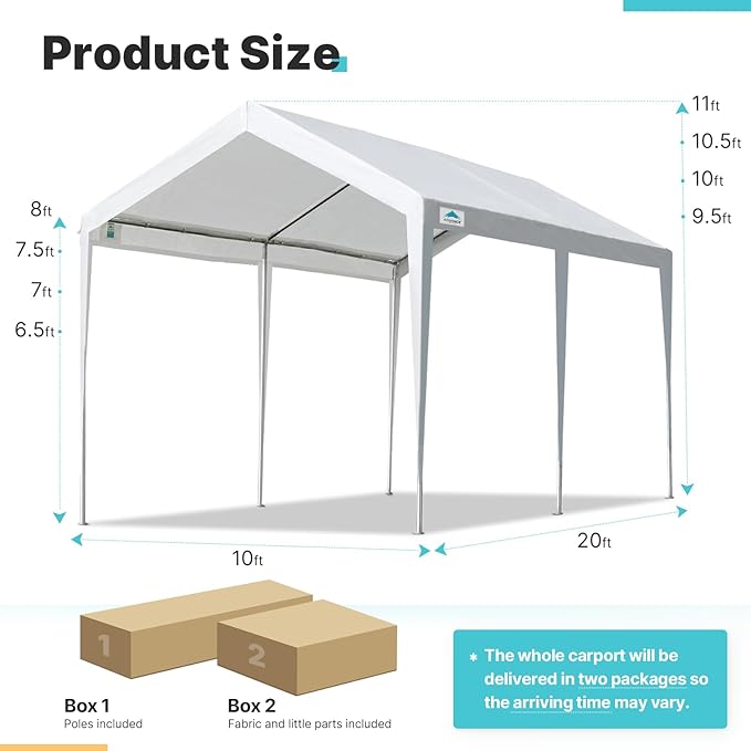 ADVANCE OUTDOOR 10x20 ft Heavy Duty Carport Potable Car Canopy Garage Party Tent Boat Shelter, Adjustable Height, with Leg Cloth, White
