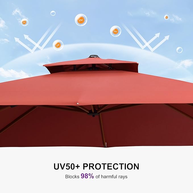 PURPLE LEAF 9' X 12' Double Top Deluxe Wood Pattern Rectangle Patio Umbrella Offset Hanging Umbrella Outdoor Market Umbrella Garden Umbrella, Brick Red