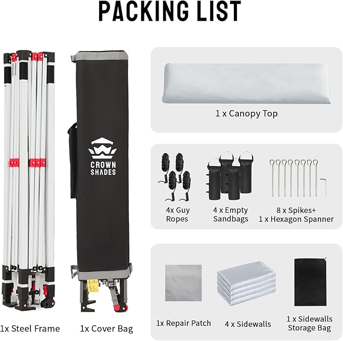 CROWN SHADES 10X10 Comercial Instant Canopy Pop Up Tent with Center Lock (10x10 with 4 Sidewalls, White)