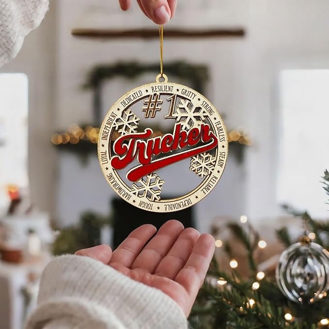 #1 Trucker Wooden Christmas Ornament – Truck Driver Holiday Tree Decoration, Gift for Truckers, CDL Drivers, Dad or Husband, Rustic Red Snowflake Ornament for Trucking Lovers