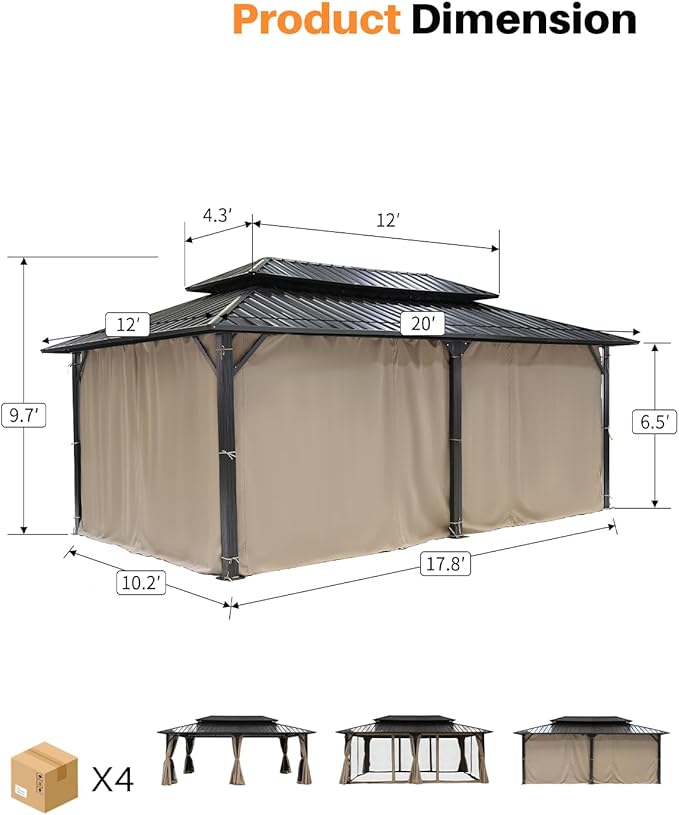 12' x 20' Hardtop Gazebo, Outdoor Patio Gazebo, Aluminum Frame Patio Hardtop Gazebos with Netting and Curtain, Outdoor Patio Pergola with Double Steel Roofs for Deck, Lawns, Parties, Sandstone
