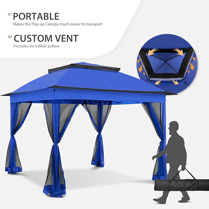 COOS BAY 11x11 Pop Up Gazebo with Mesh Netting, Instant Outdoor Canopy Tent, Water Resistant Shelter with UPF 50+ UV Protection, 121 Sq Ft Coverage, Blue
