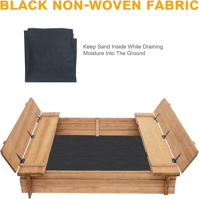 BIRASIL Wood Sandbox with 2 Bench Seats, Sand Boxes with Lid for Kids, Sand Pit with Cover for Outdoor Backyard Patio, 48 Inch