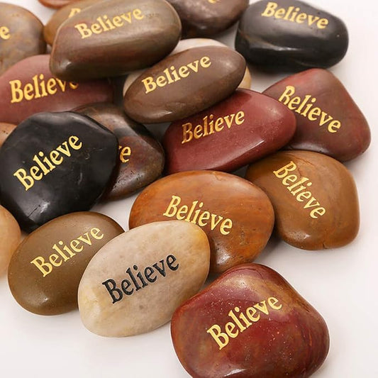 ROCKIMPACT 50PCS Believe Believe Stone Engraved Rocks Inspirational Gifts Prayer Stones Zen Chakra Gratitude Rocks Palm Pocket Motivation Encouragement Rocks Wholesale Believe Rock, 2"-3" Each