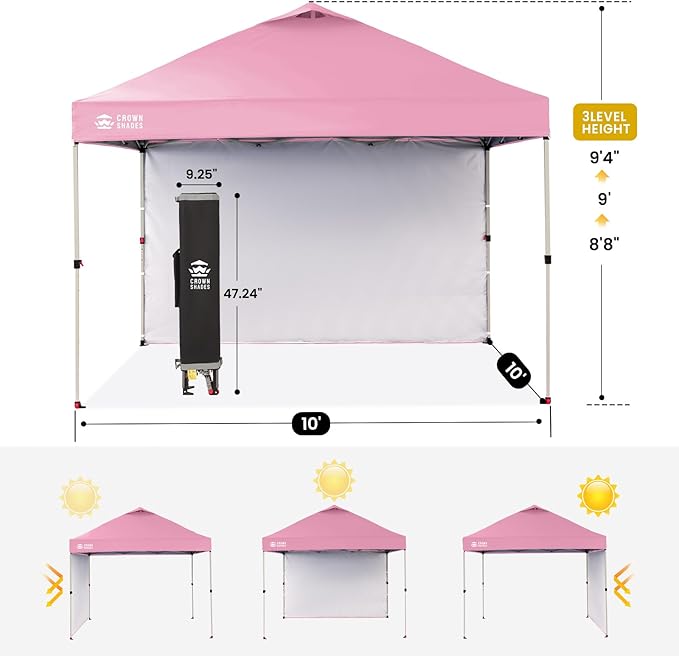 CROWN SHADES Canopy Tent, 10 x 10 Foot Portable Pop Up Outdoor Shelter with 1 Sidewall, Easy 1 Push Center Lock, UV Protection, and Carry Bag, Pink