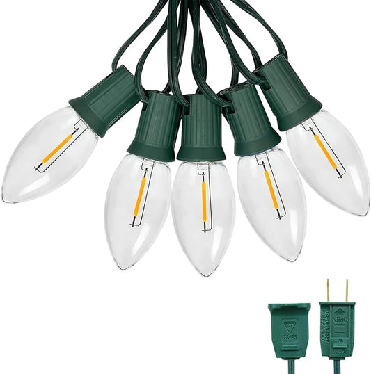 C9 LED Christmas String Lights Outdoor, 50FT 50+2 LED 2700K Warm White Waterproof C9 String Lights, Plug-in Extendable Green Wire Lights for Roofline Patio Backyard Party Xmas Decoration
