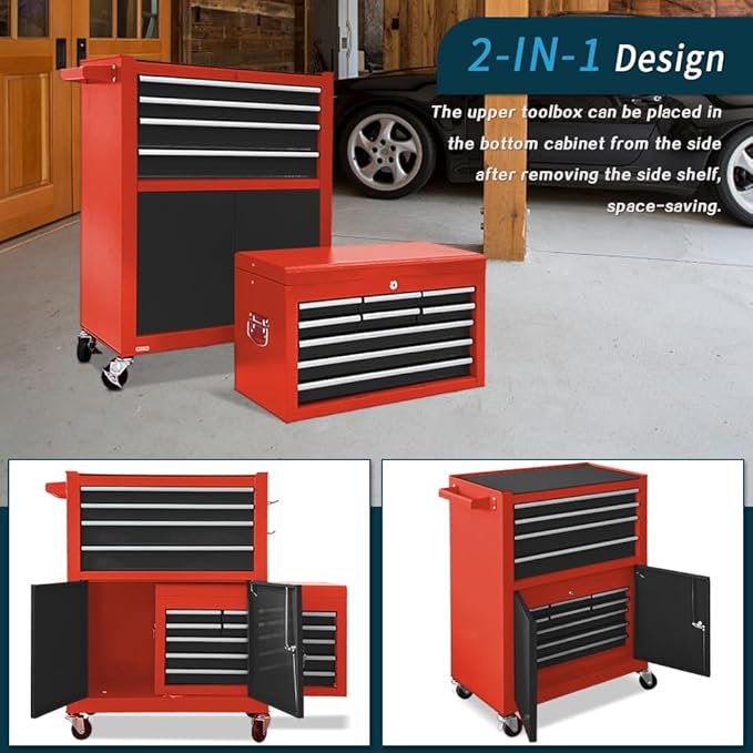 13-Drawer Rolling Tool Chest with Double Door, Extra Large Storage Cabinets with Tool Box, 2-in-1 Detachable Design, 600 lbs Capacity with Lockable Wheels for Garage, Mechanic & Home Use (Red£¦Black)