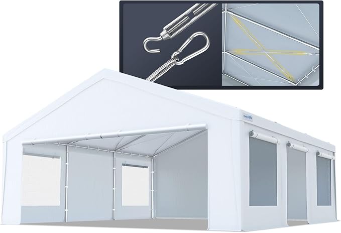 Quictent 20x20 ft Heavy Duty 2 Car Carports with Side Zipper Doors & Snowproof Steel Cables & Ventilated Windows, Waterproof Storage Shelter for Car, Boat, Outdoor Equipment, Gray