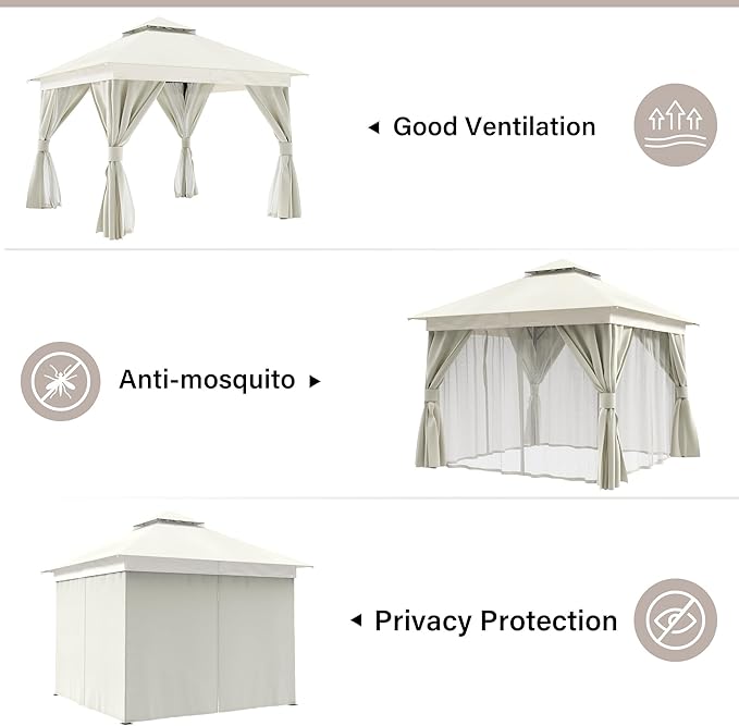 LAUSAINT HOME Semi-Permanent Patio Gazebo 10'x10' with Expansion Bolts, Outdoor Heavy Duty Party Tent with Double Roofs, Mosquito Nettings and Privacy Screens for Backyard, Garden, Lawn, Cream White