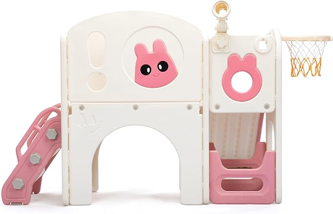 8-in-1 Toddler Slide and Climber Playset, Kids Slide Playground with Stairs, Tunnel, Telescope, Storage, Basketball Hoop and Ball, Indoor Outdoor, 1-3 Years Old, Pink