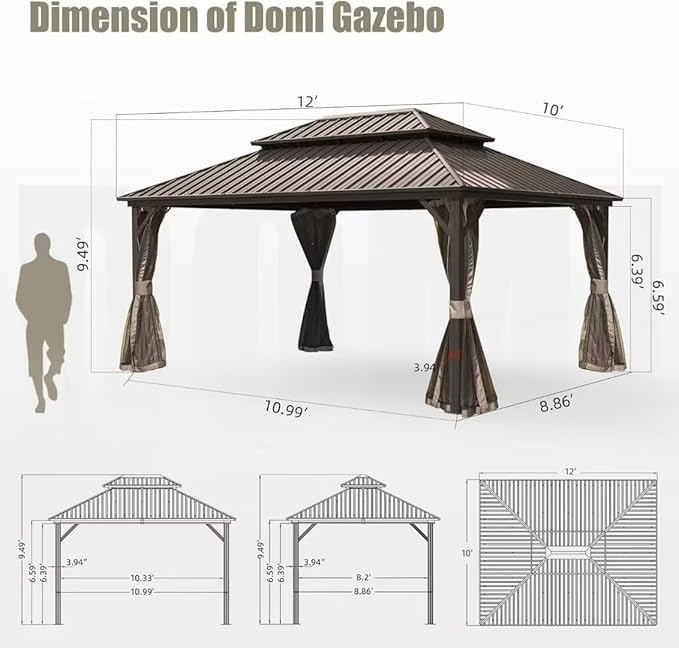 Domi 10'x12' Hardtop Gazebo Canopy,Outdoor Metal Gazebo with Galvanized Steel Double Roof,Curtain and Netting,Permanent Pavilion for Patio Deck,Backyard