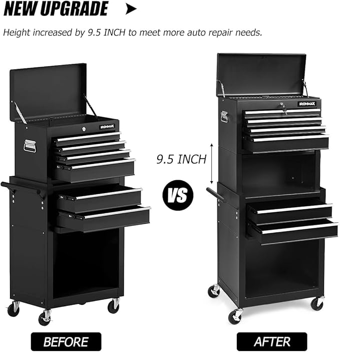IRONMAX Tool Cabinet on Wheels, 6-Drawer Lockable Rolling Tool Chest w/ 4 Universal Wheels, 2 in 1 Detachable Tool Box Storage Organizer for Garage Workshop Repair Shop, Black