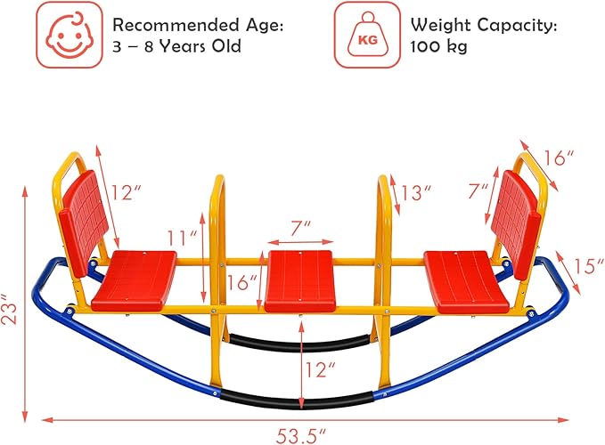 HONEY JOY Kids Seesaw Teeter Totter, 3-Person Heavy Duty Metal Playground Equipment for Backyard, Indoor Outdoor Rocking Fun for Toddlers Boys Girls Age 3-8, Teeter Totter for Kids Outdoor(Red)