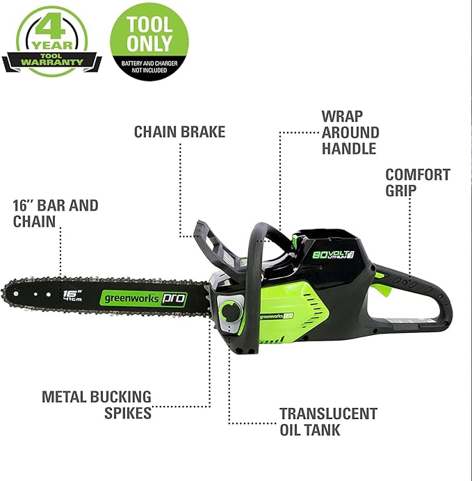 Greenworks 80V 16 Brushless Cordless Chainsaw (Great For Tree Felling, Limbing, Pruning, and Firewood / 75+ Compatible Tools), Tool Only