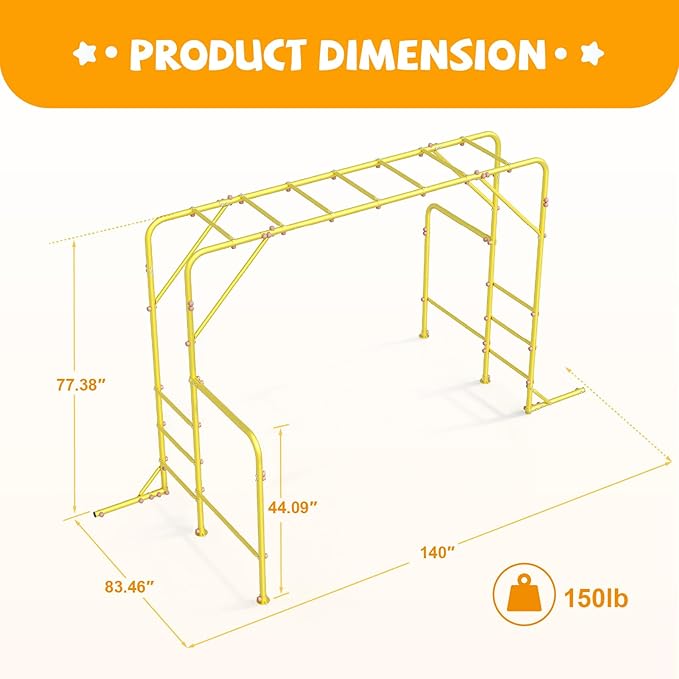 Outdoor Monkey Bars for Kids, Steel Monkey Bar for Backyard, with Climbing and Gymnastics Bar,Free-Standing Playset for Children Age 3-12,Compact for Small Yards, Yellow