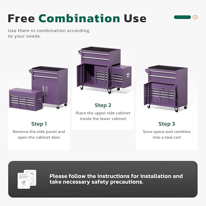 Greenvelly 8-Drawer Rolling Tool Chest, Metal Tool Chest with Wheels, Rolling Tool Box with Detachable Top Tool Box, Metal Tool Cart with Liner & Hooks for Garage, Workshop, Warehouse, Purple